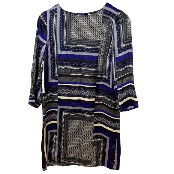 H&M Dresses & Skirts - H&M Blue Geometric Scarf Print Shift Dress 3/4 Sleeve Keyhole Back Size 6 #185